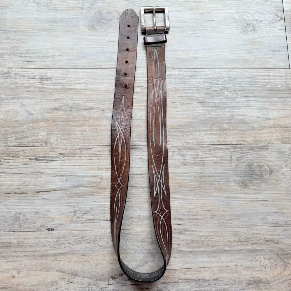 Vintage Harley-Davidson Brown Leather Pinstripe Belt Sz 36 Biker Motorcycle Y2K